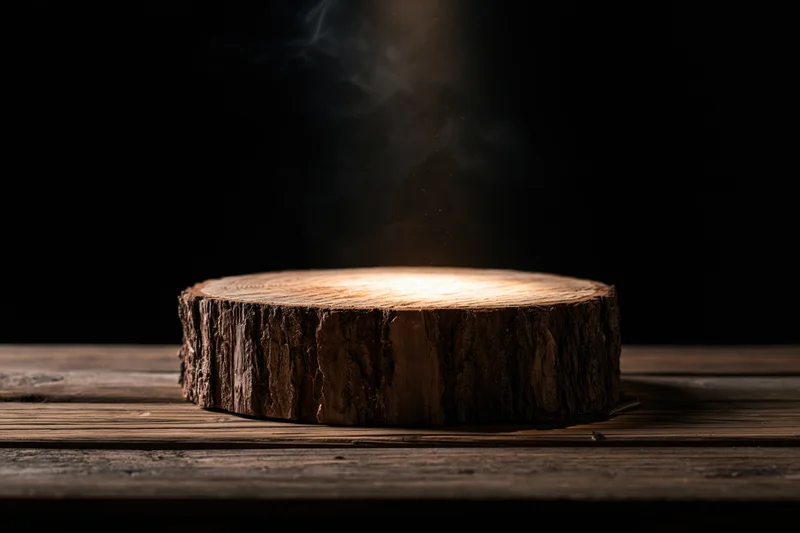 Thick round wood slice stump on worn wooden plank with glowing center and rising smoke