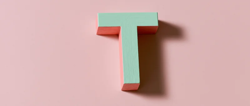 Wooden three-dimensional letter t mounted flat on a pastel pink surface