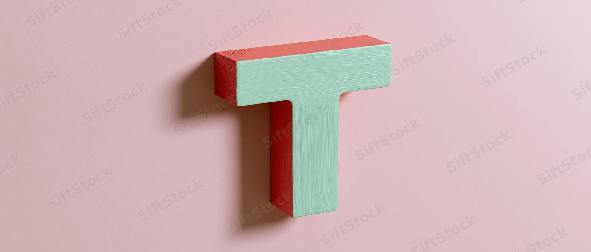 Wooden letter t mounted flat against a pink wall