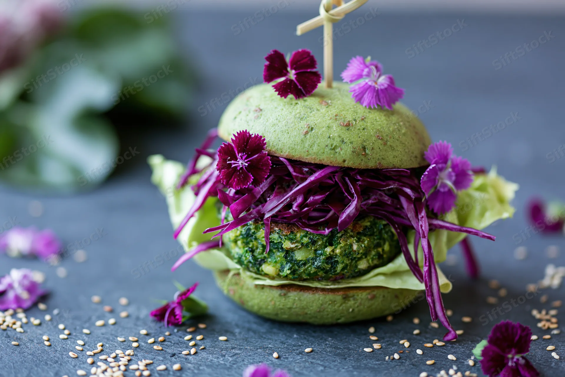 Vegan avocado bun burger with green herb patty and purple cabbage garnished with edible flowers on dark surface