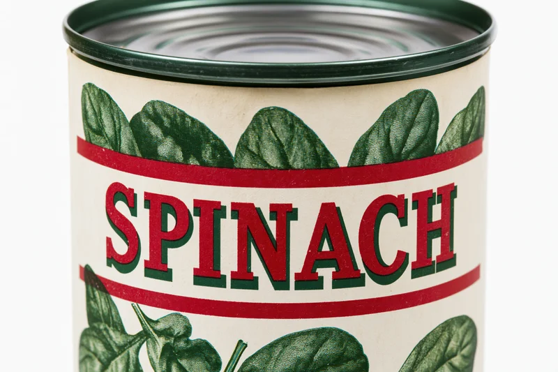 Vintage-style canned spinach tin with paper label featuring green leaves and red text on white background