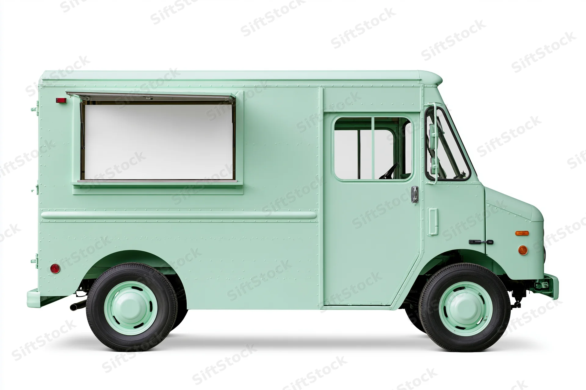 Vintage-style food truck in pale mint green parked on white background with open serving window