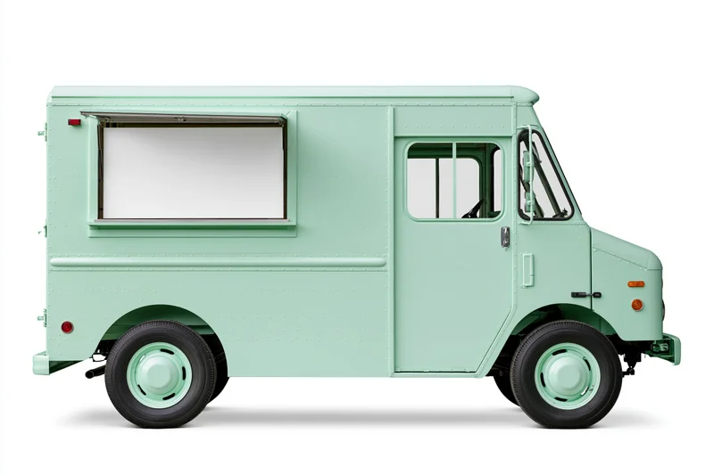 Vintage-style food truck in pale mint green parked on white background with open serving window
