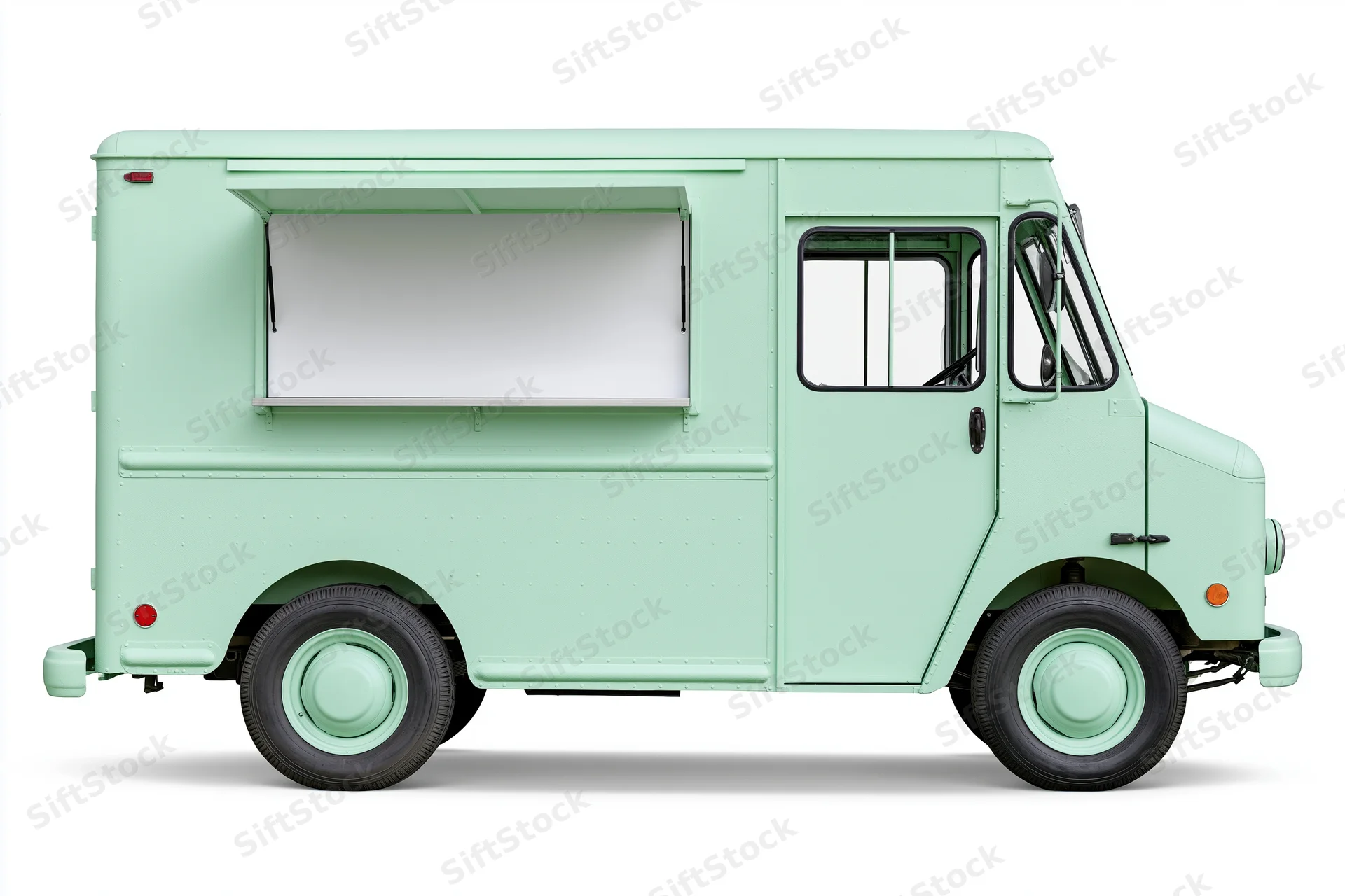 Vintage-style food truck in pale mint green parked in profile view on white background