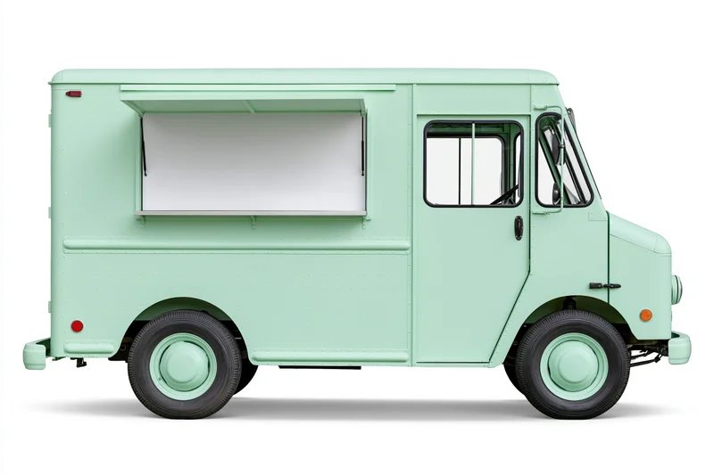Vintage-style food truck in pale mint green parked in profile view on white background