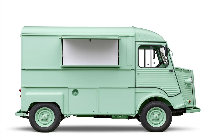 Vintage-style food truck in pale mint green parked on white background