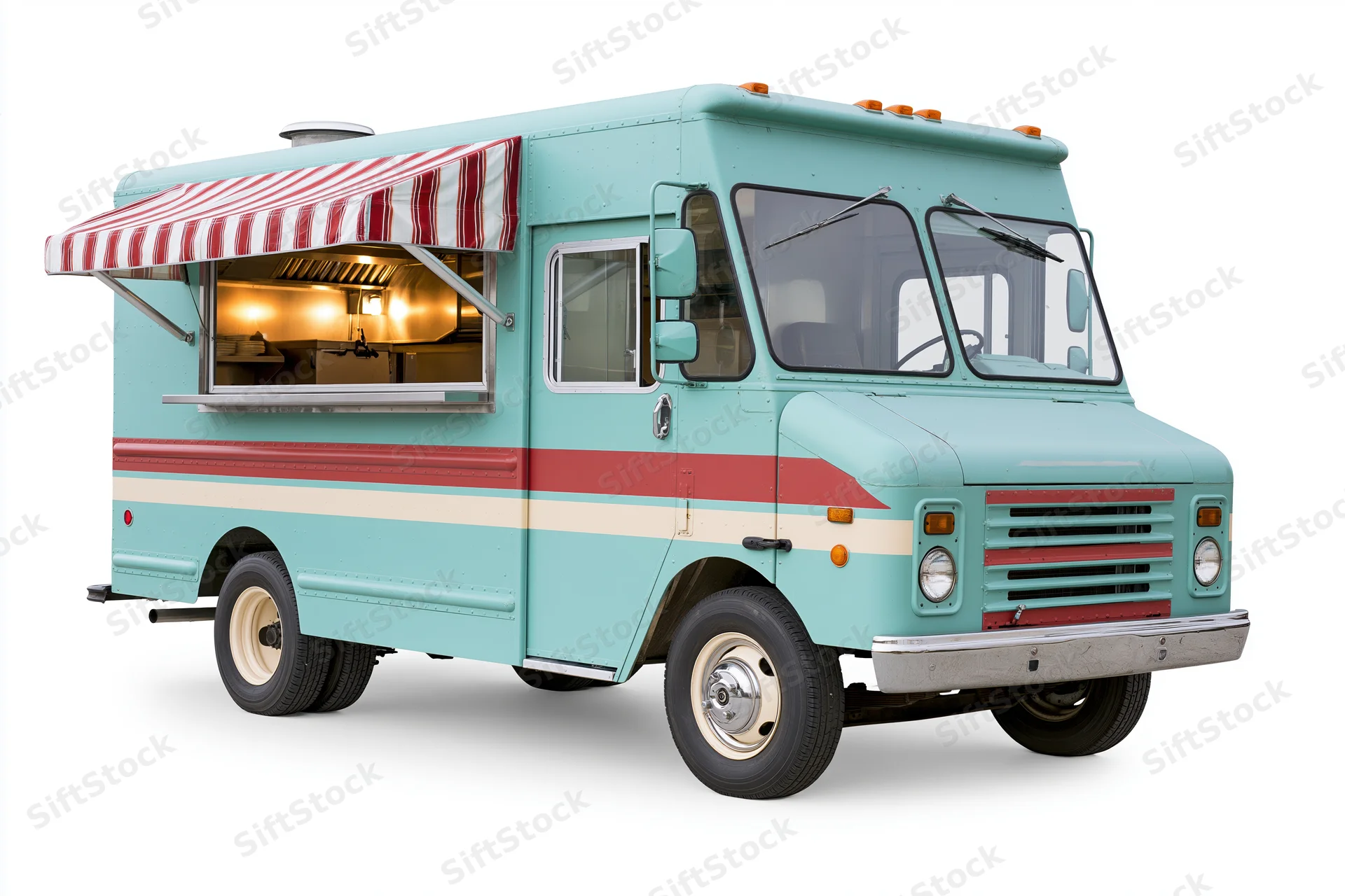 Vintage food truck with striped awning open for service on white background