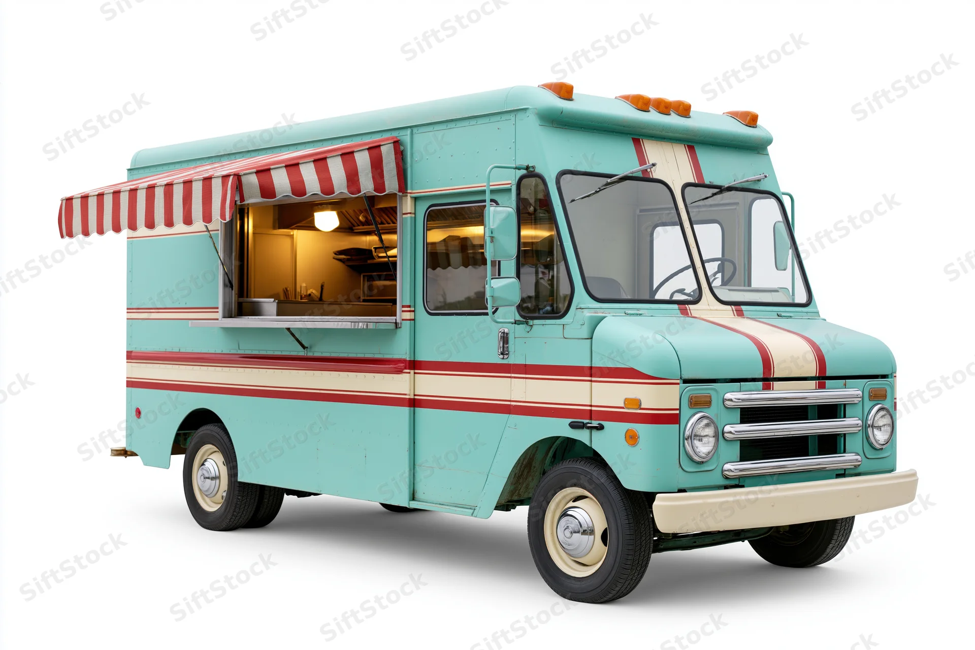 Vintage food truck with open service window and striped awning on white background