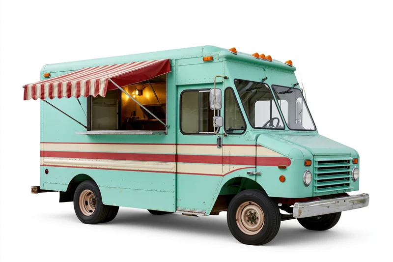 Vintage food truck with striped awning open for service on white background