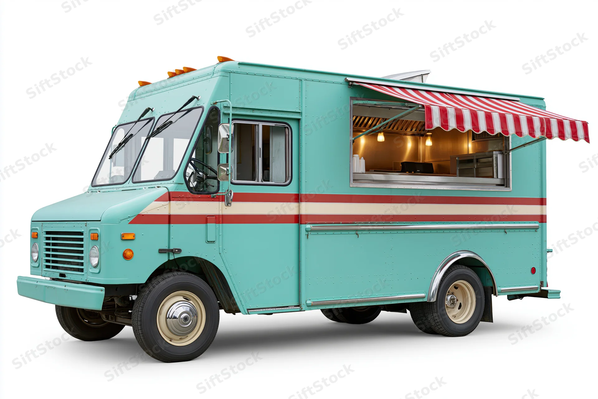 Vintage-style food truck parked with awning extended and service window open