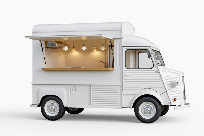Vintage white food truck with open serving window and interior kitchen visible side view