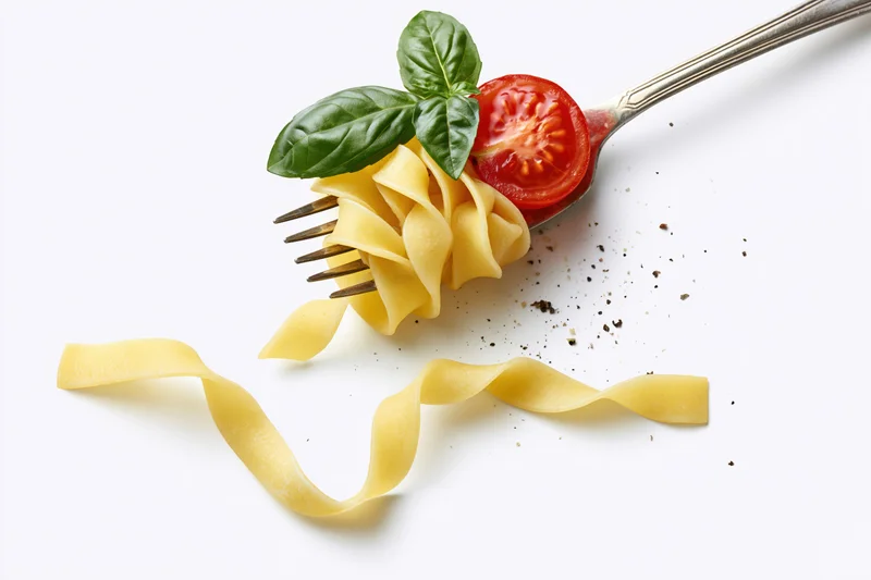 Vintage silver fork holding twisted tagliatelle pasta with cherry tomato and basil leaves on white background