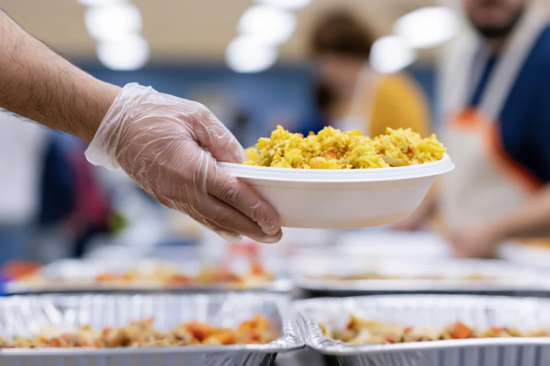 Volunteer's gloved hand holding a styrofoam bowl of food over a serving table in a community kitchen
