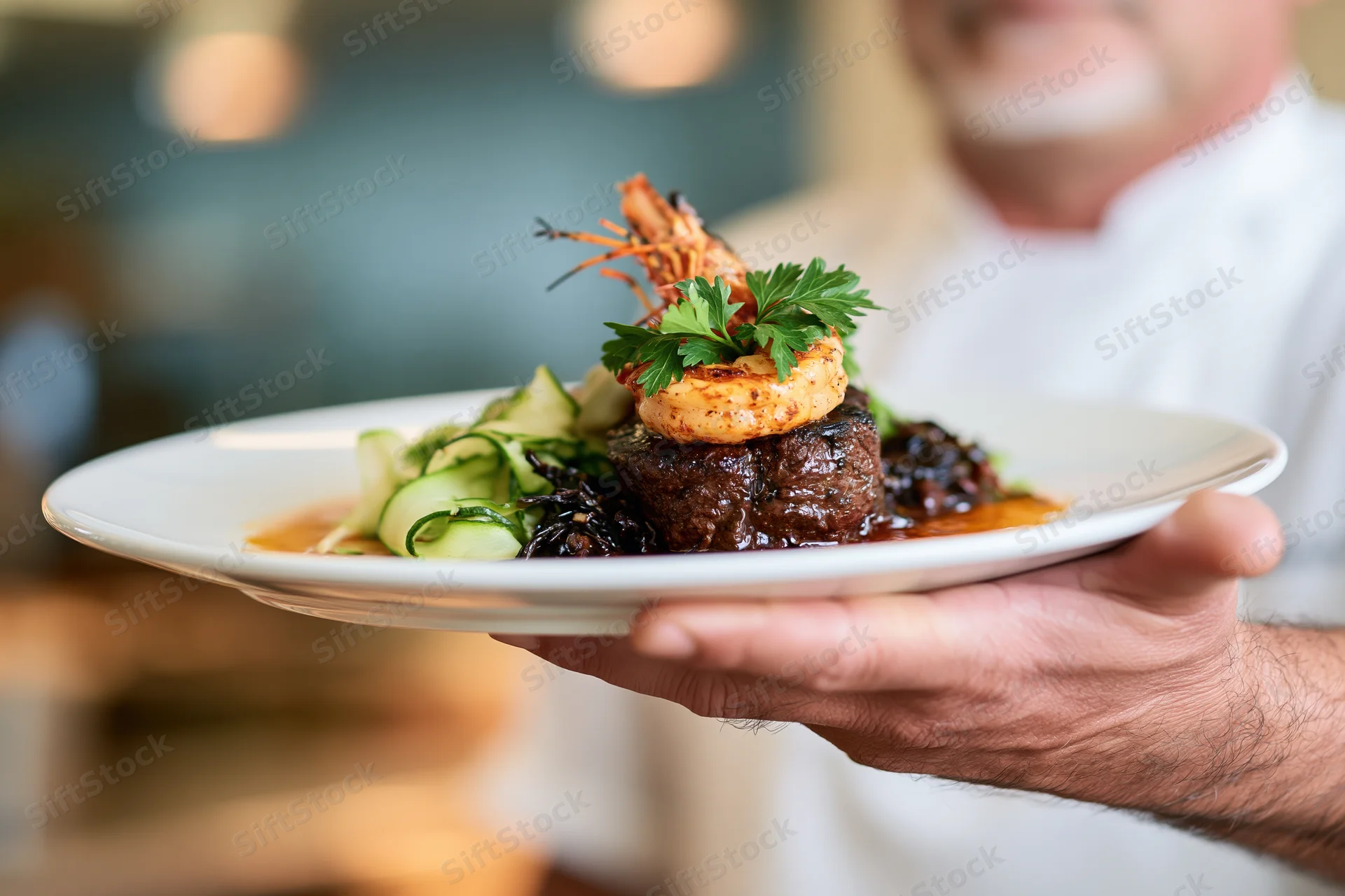 Chef holding a plated steak topped with shrimp and garnishes in a restaurant