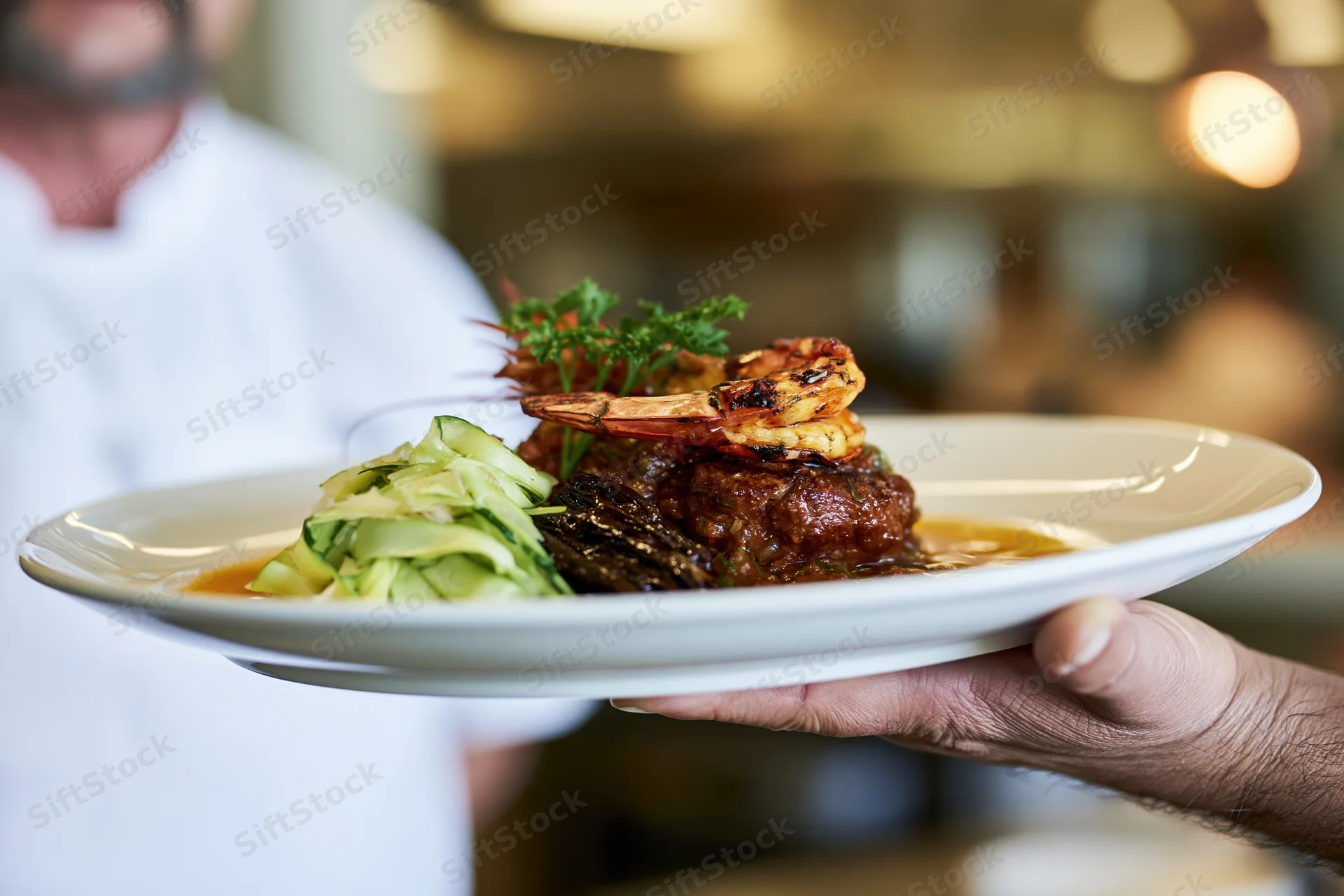 Waiter holding a plated gourmet dish with shrimp and meatball in a restaurant setting