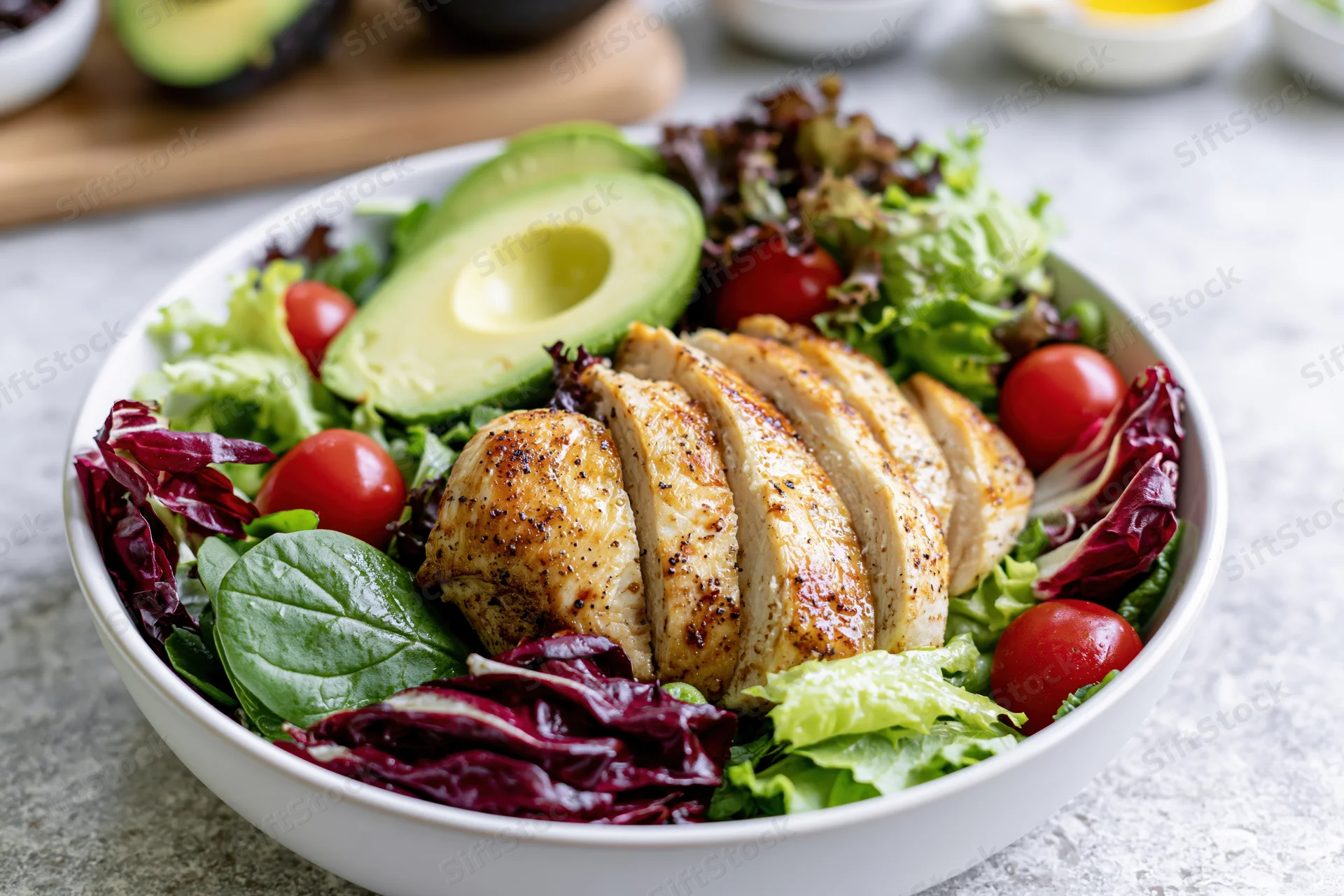 Grilled chicken and avocado salad in a white bowl with mixed greens and cherry tomatoes