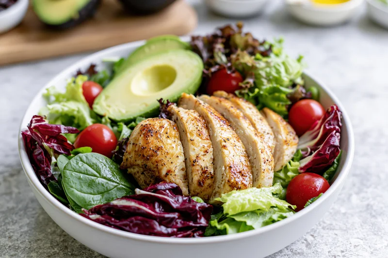 Grilled chicken and avocado salad in a white bowl with mixed greens and cherry tomatoes