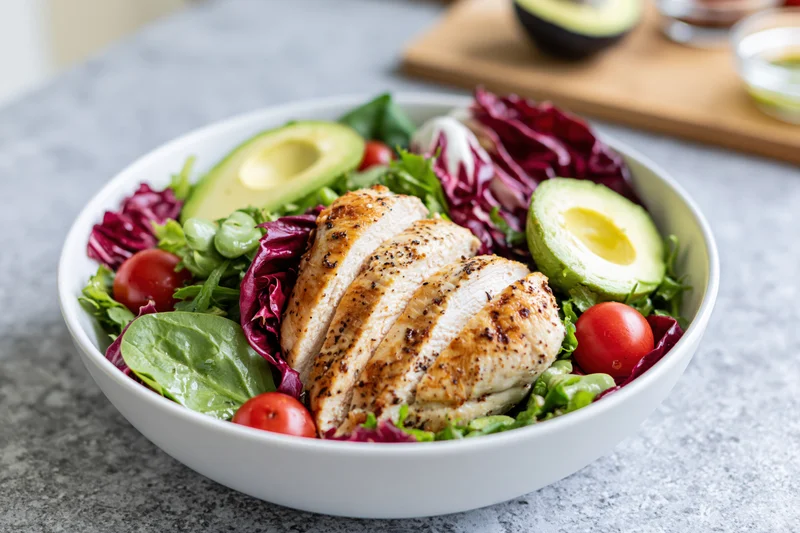 Grilled chicken breast with avocado, tomato, and mixed greens in a white bowl on a gray countertop