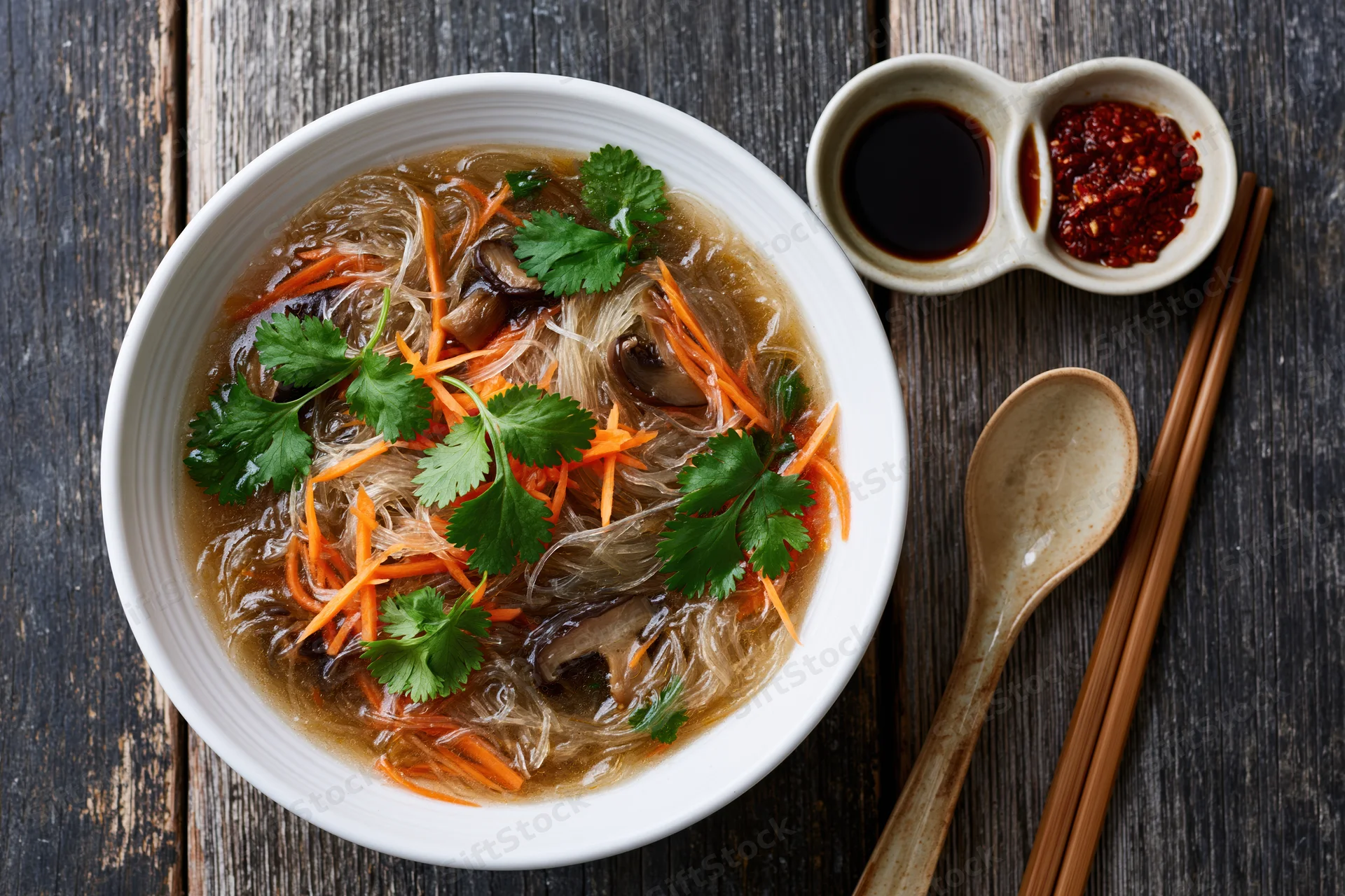 Bowl of asian noodle soup with glass noodles, carrots, cilantro, and mushrooms on dark wooden table, served with soy sauce and chili oil, chopsticks and spoon beside