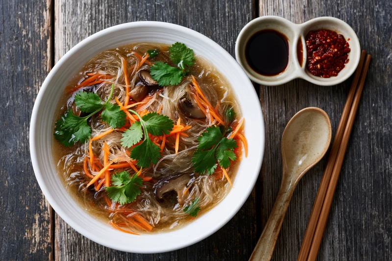Bowl of asian noodle soup with glass noodles, carrots, cilantro, and mushrooms on dark wooden table, served with soy sauce and chili oil, chopsticks and spoon beside