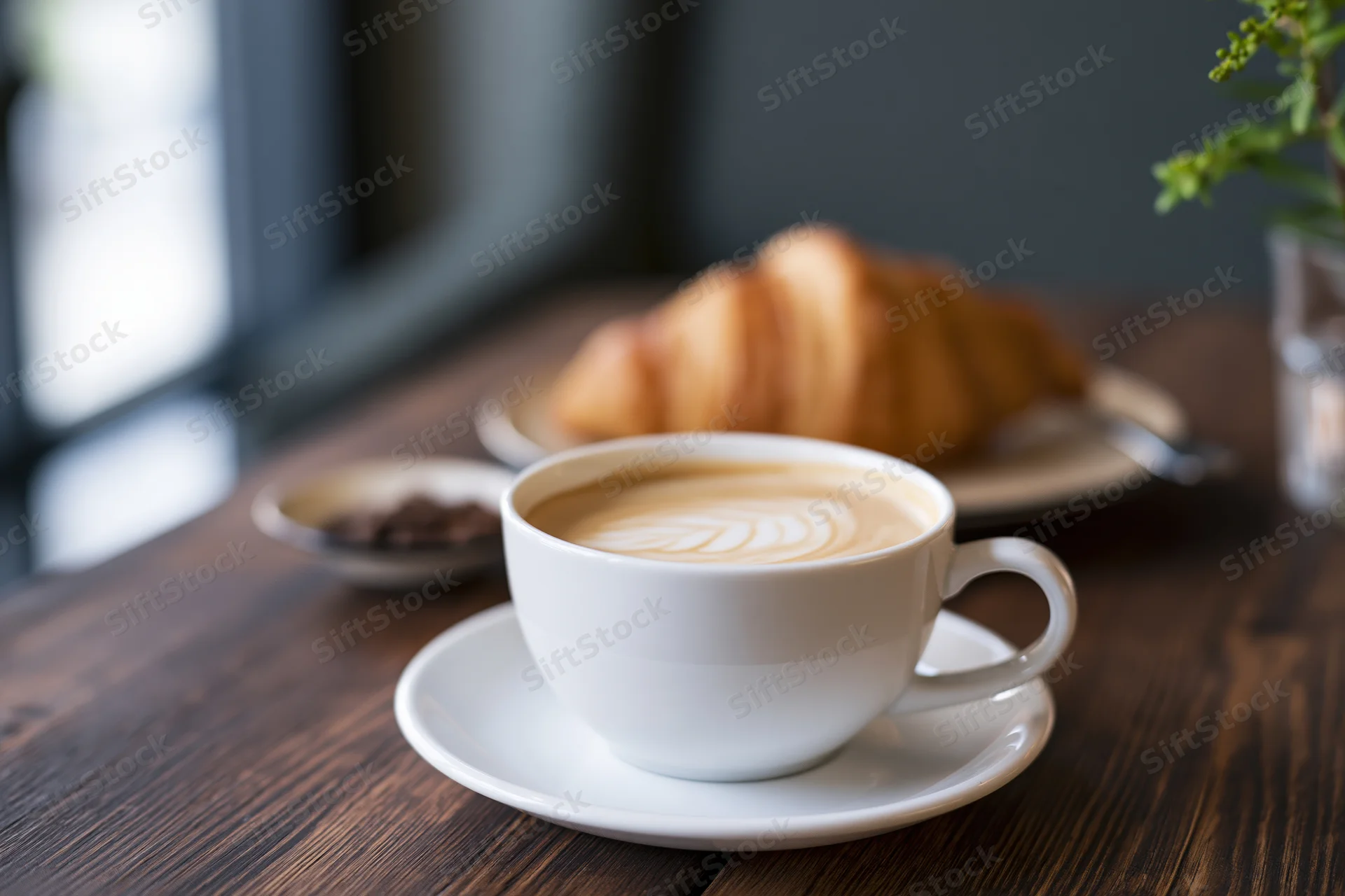 White ceramic cappuccino cup with latte art on dark wooden table beside croissant and small bowl of chocolate