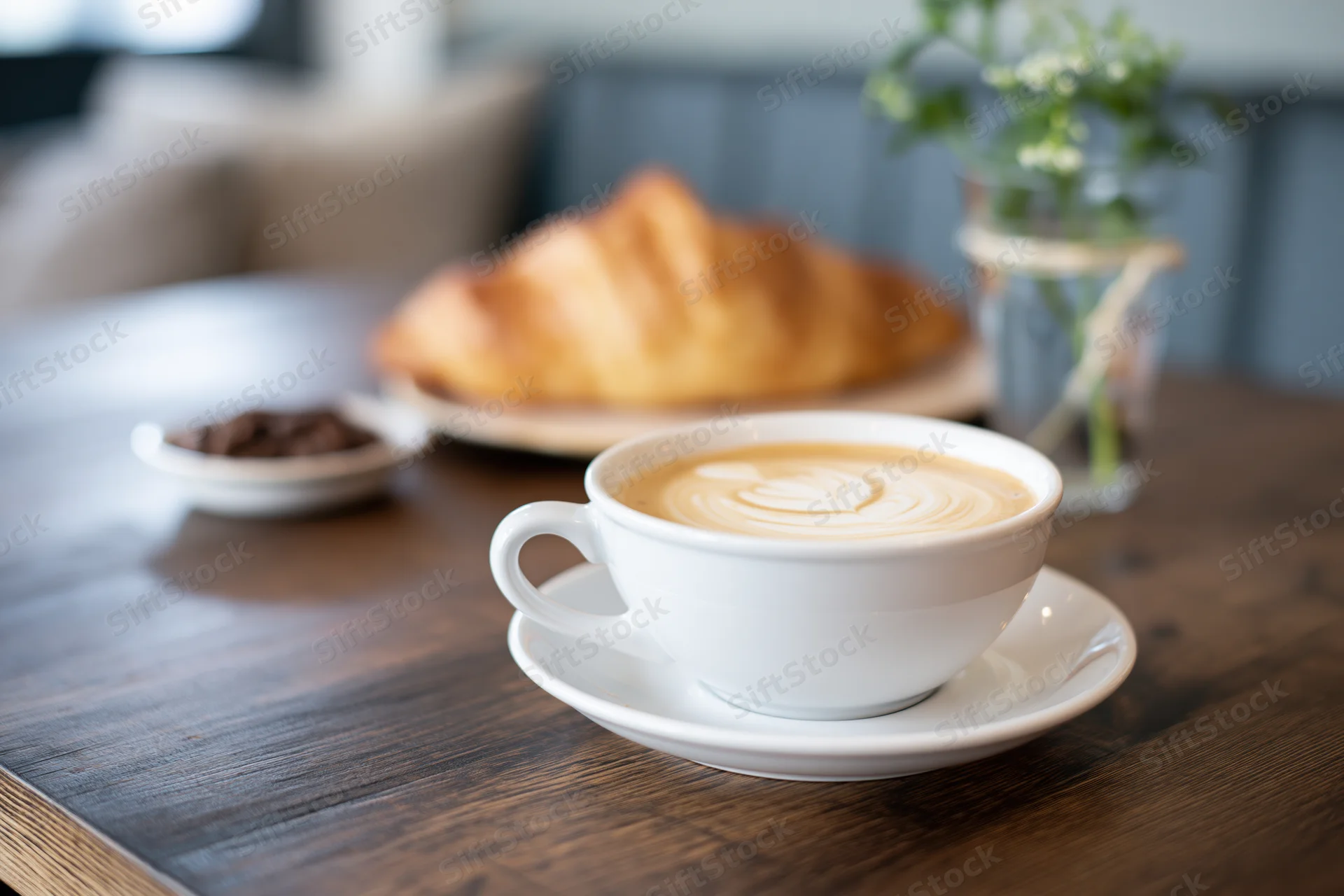 White ceramic cappuccino cup with latte art on a dark wooden table beside a croissant and small vase of flowers