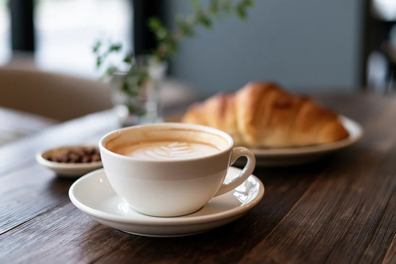 White ceramic cappuccino cup with latte art on wooden table beside croissant and small plant