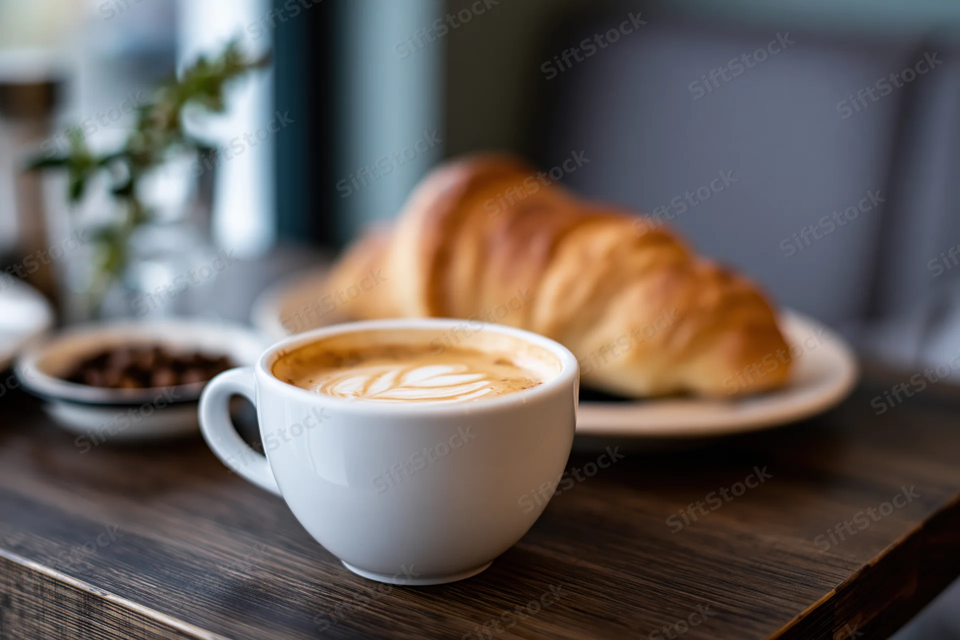 White ceramic cappuccino cup with latte art on dark wooden table beside croissant and chocolate beans