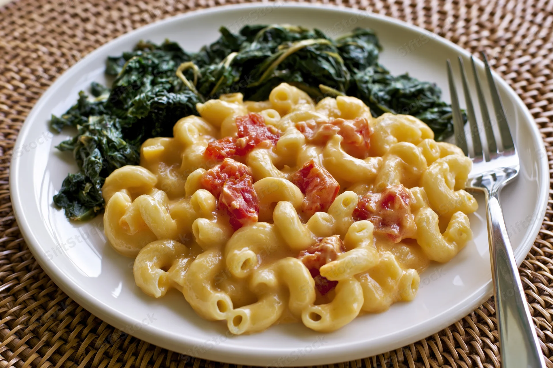 Creamy macaroni and cheese with spinach on a white plate with fork on woven placemat