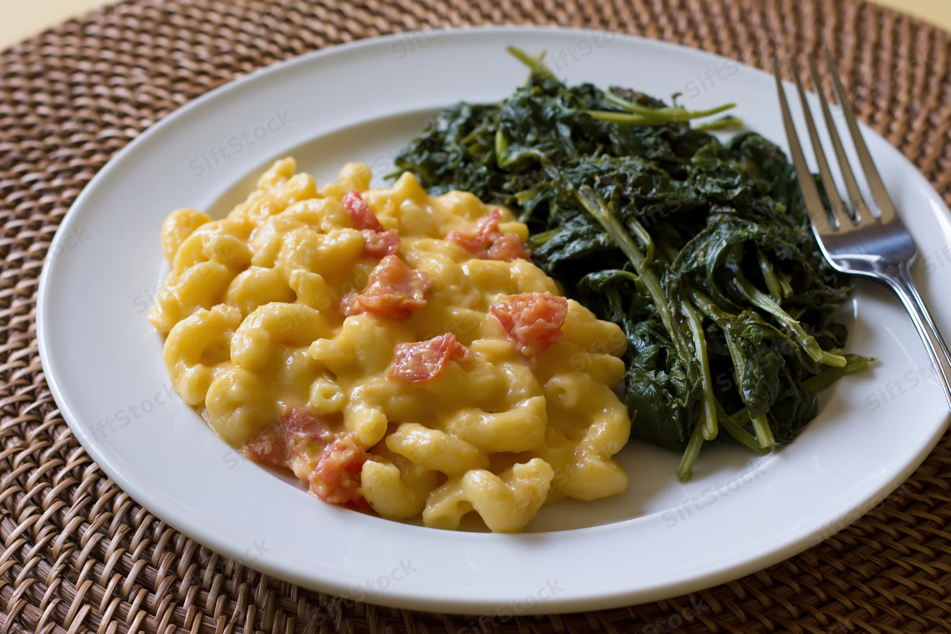 Creamy macaroni and cheese with spinach on a white plate on a woven placemat