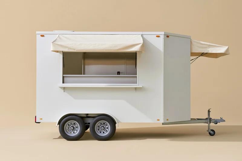 White food trailer with open service window and extended awning on plain background