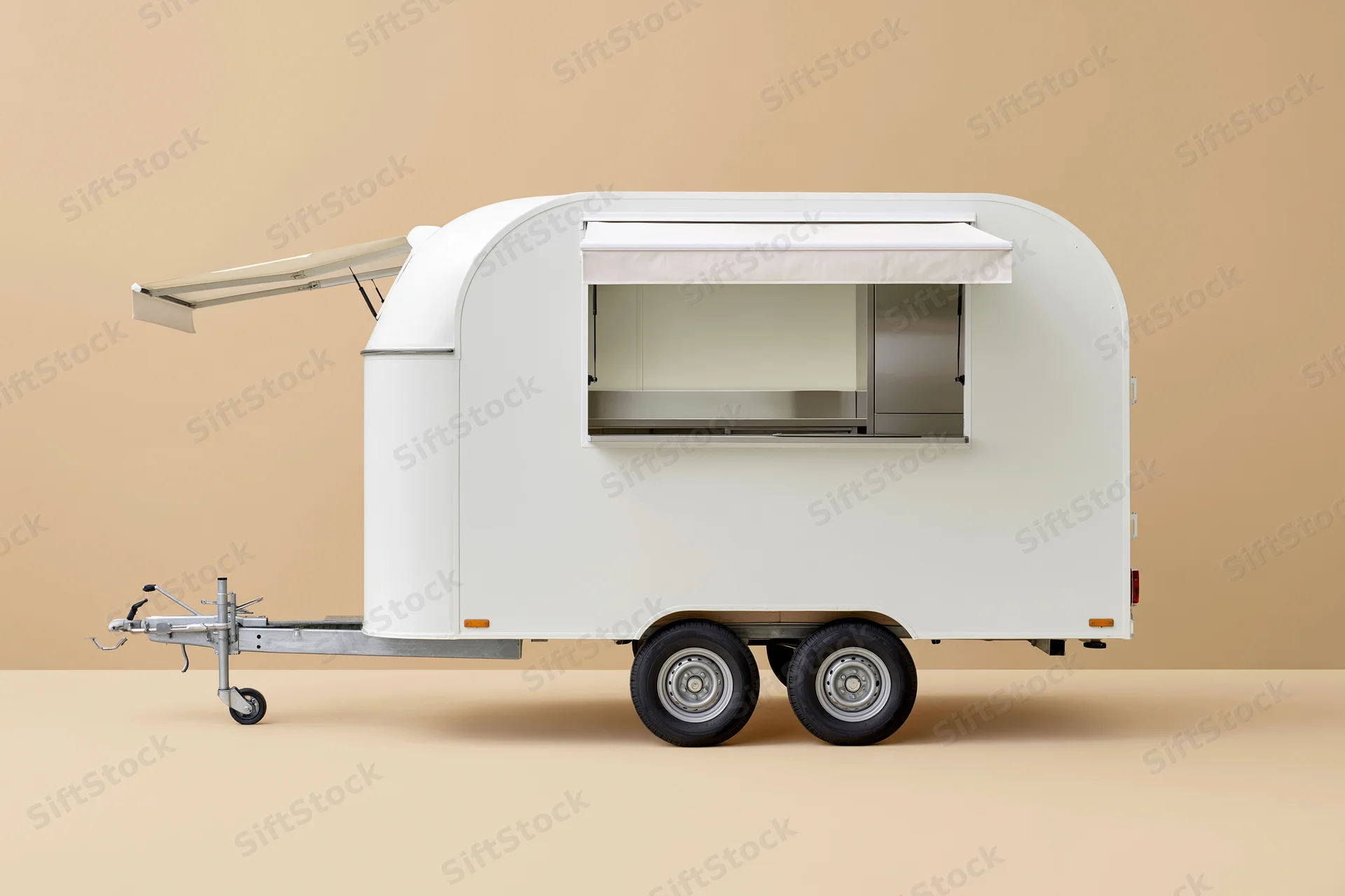White food trailer with open service window and extended awning on beige background