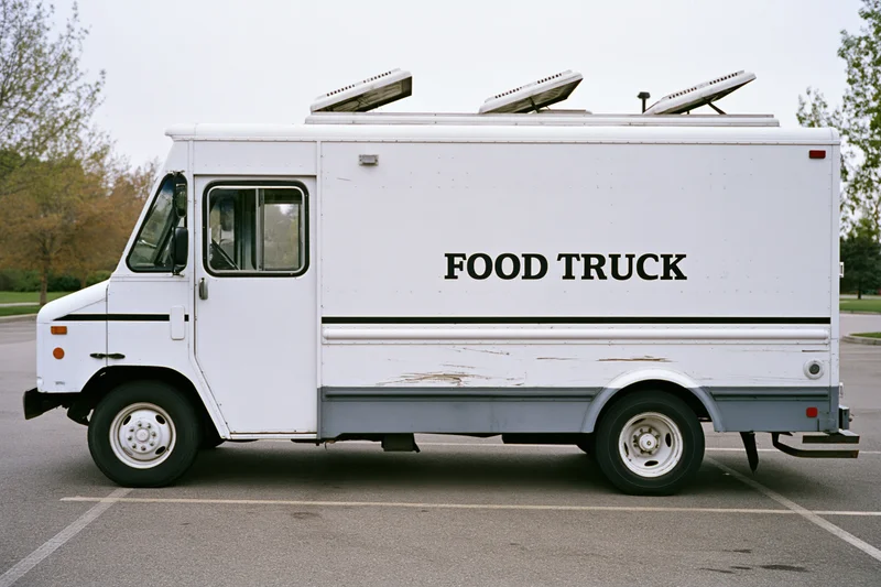 White food truck parked in lot with driver door open and vents on roof