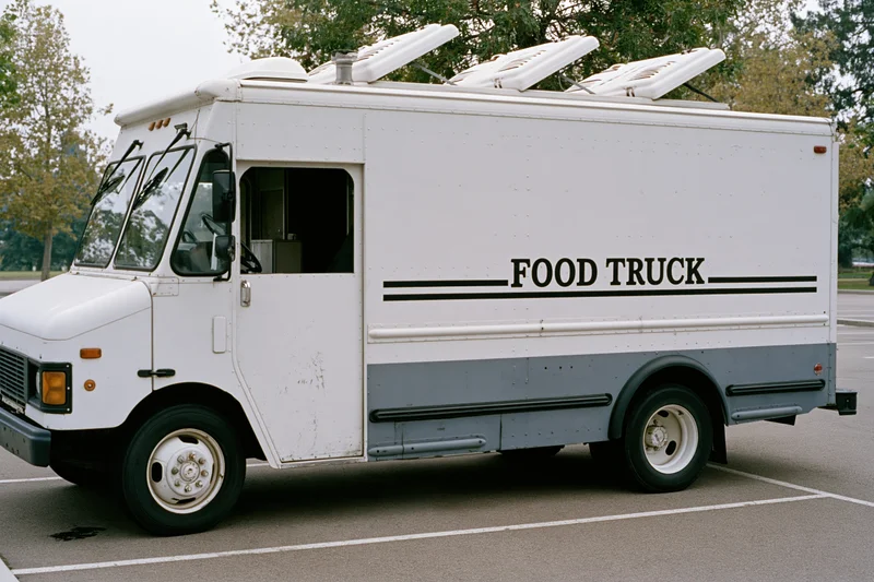 White food truck parked in lot with driver door open and roof vents visible