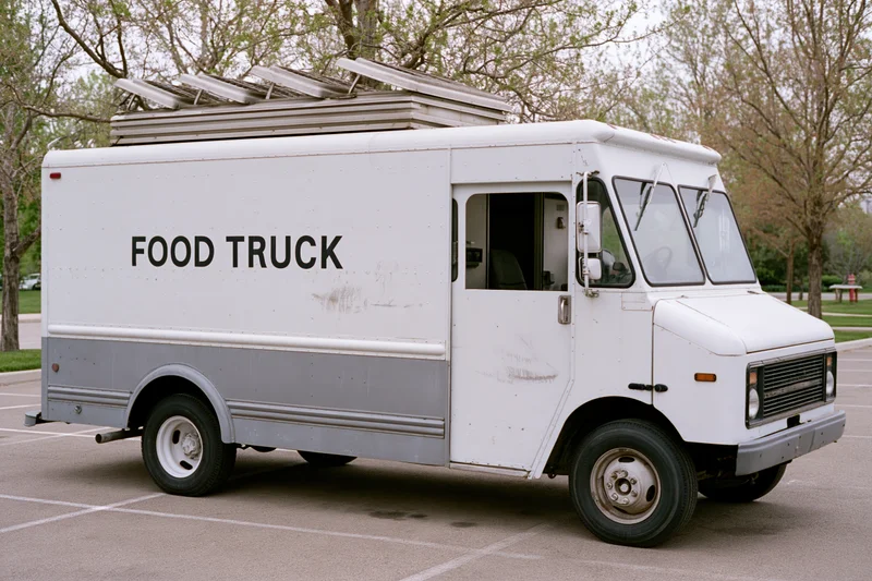 White food truck parked in lot with driver door open