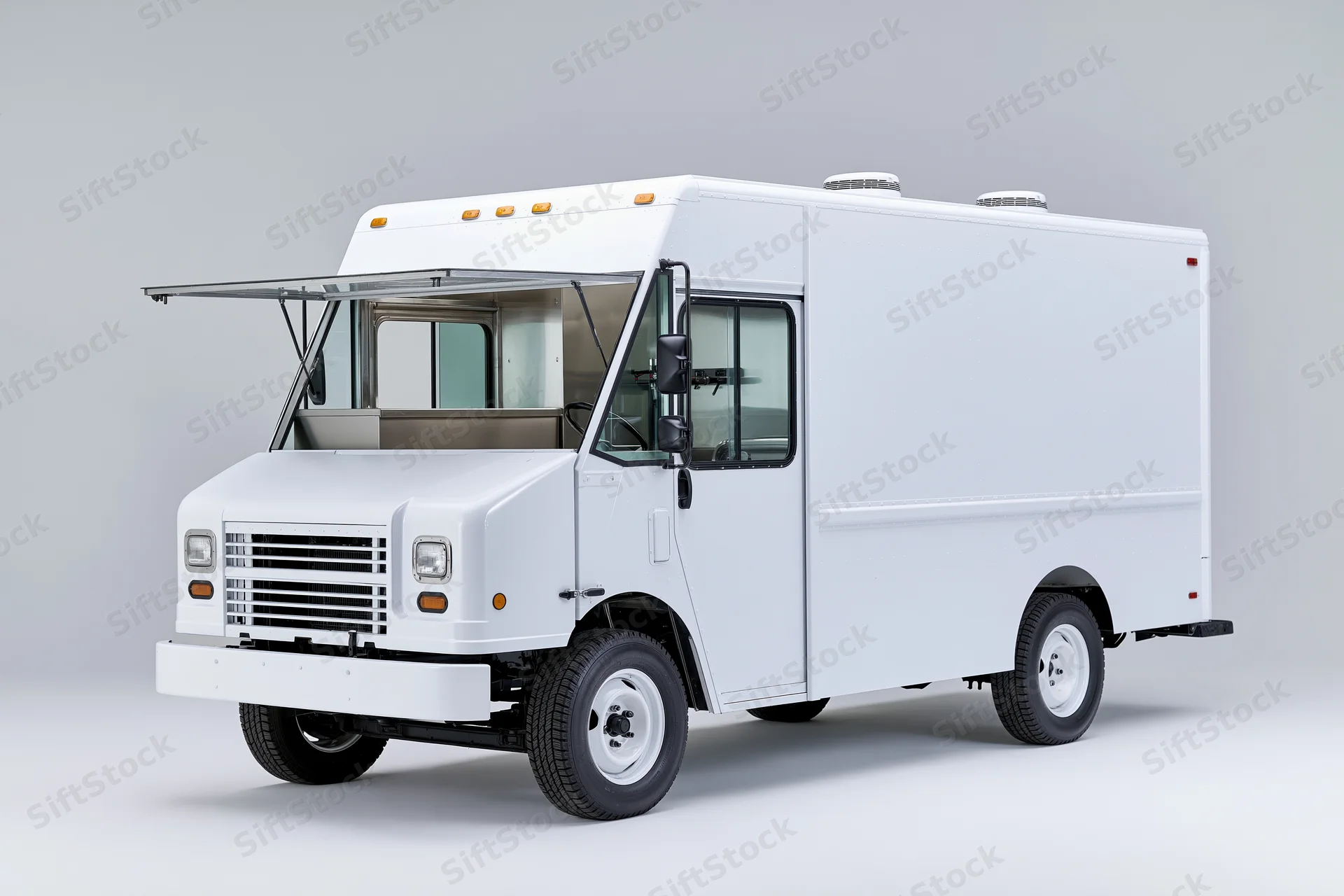 White food truck with open service window on plain background