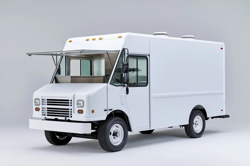 White food truck with open service window on plain background