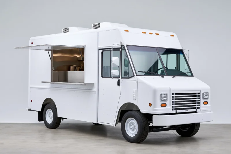 White food truck with open service window revealing stainless steel kitchen interior on plain background