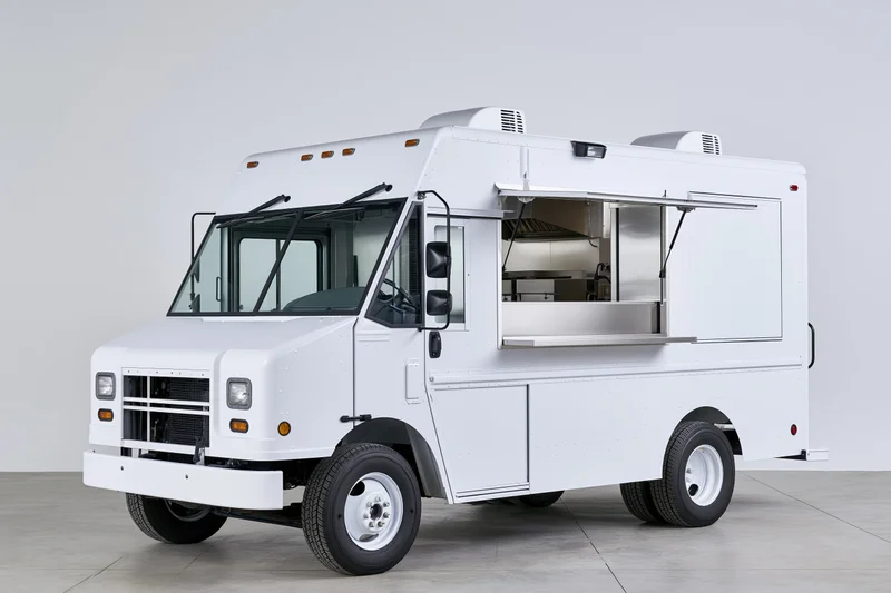 White food truck with open service window revealing stainless steel kitchen interior on plain background