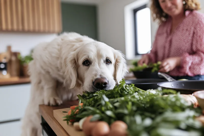 White golden retriever standing on hind legs peering over a kitchen counter at vegetables while a woman cooks in the background