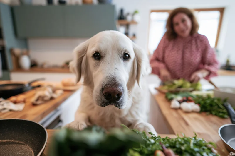 White golden retriever looking over kitchen counter while woman chops vegetables in background