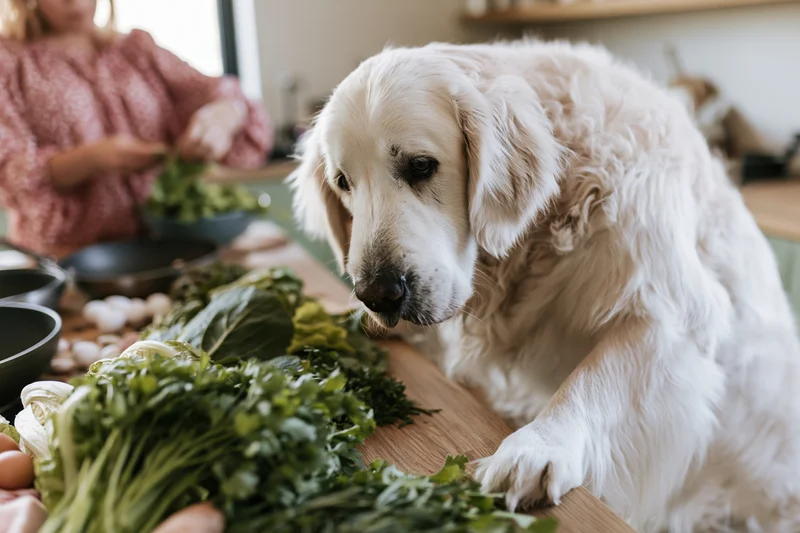 White golden retriever standing on hind legs peering over a kitchen counter at vegetables being chopped by a woman in a pink dress