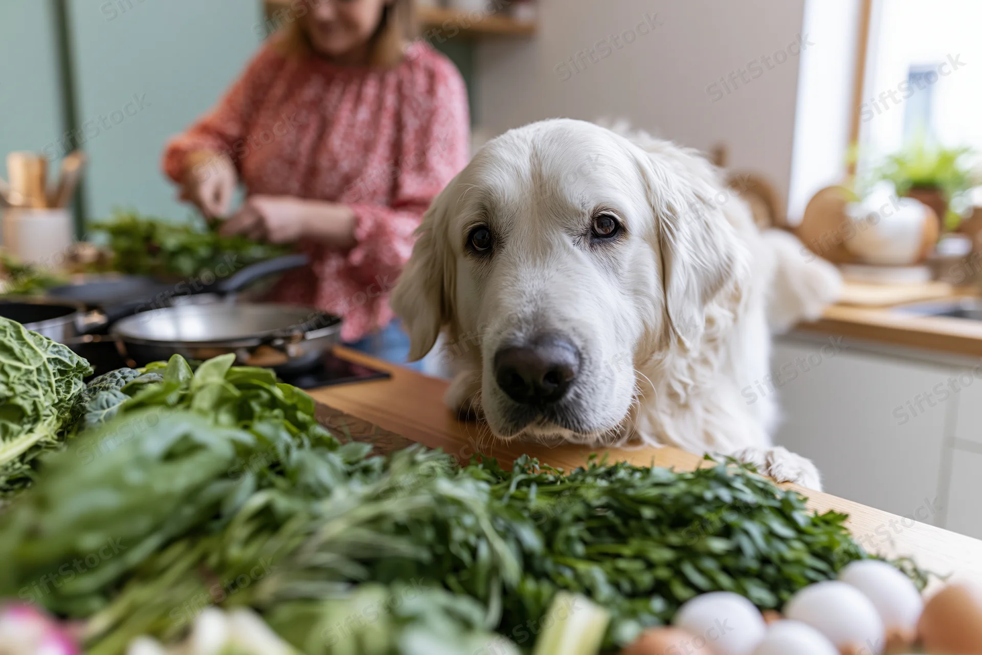 White golden retriever peering over kitchen counter at fresh vegetables during meal preparation with woman cooking in background