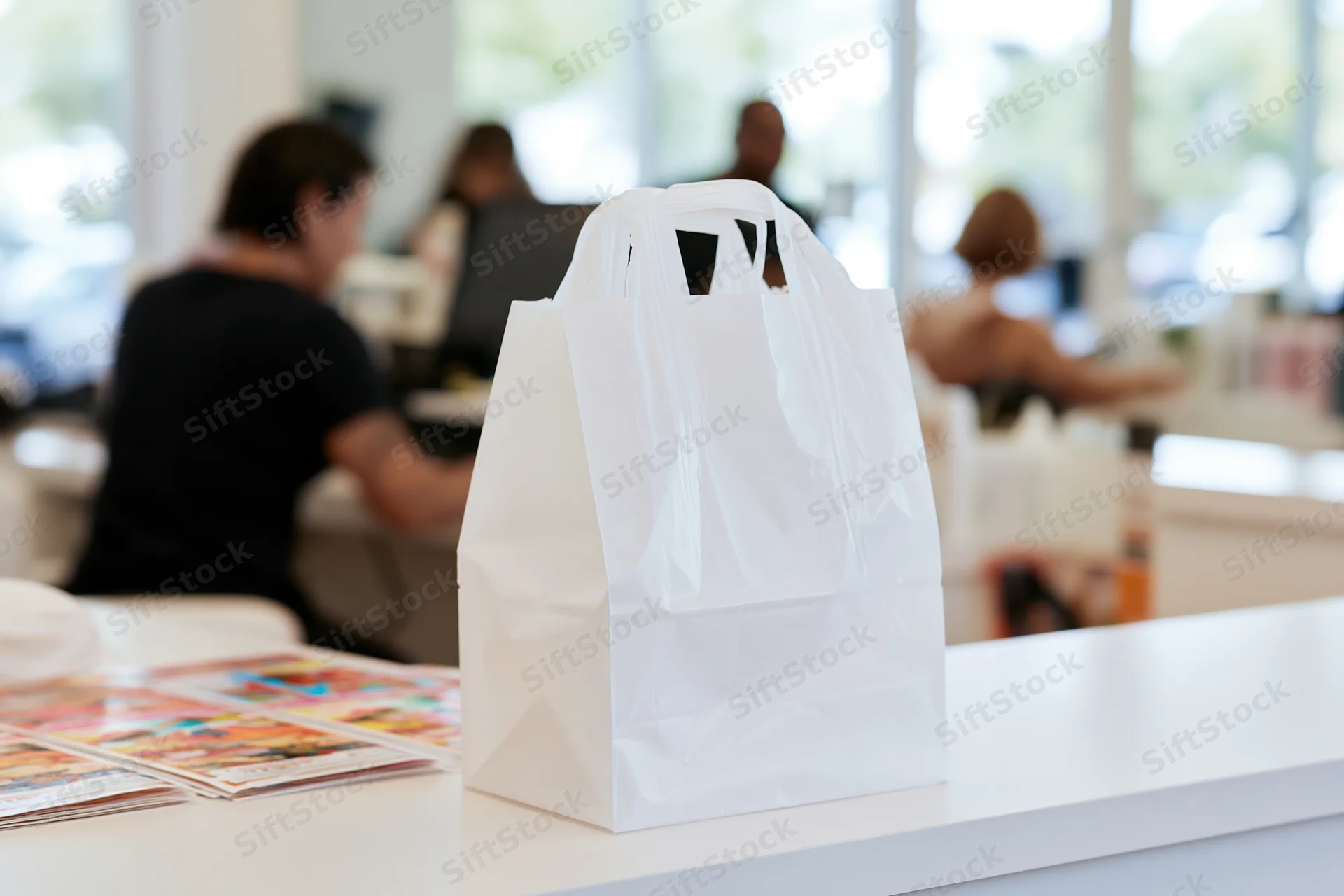 White plastic takeout bag on a white counter in a restaurant kitchen with staff working in background