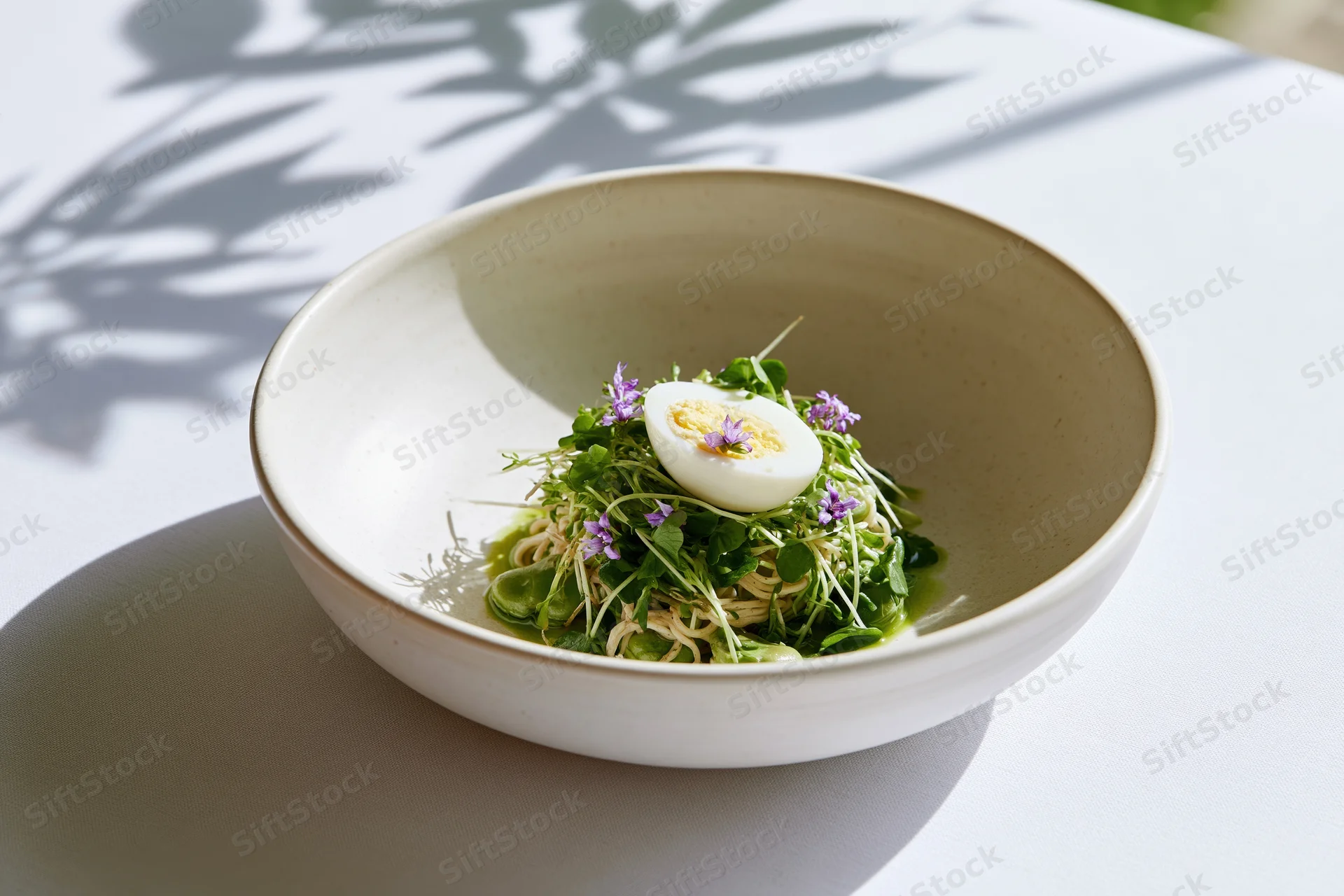 Shallow white ceramic bowl with pasta, microgreens, edible flowers and halved egg on a sunlit table with plant shadows