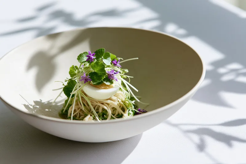 Shallow white ceramic bowl with pasta, egg and edible flowers on a sunlit table