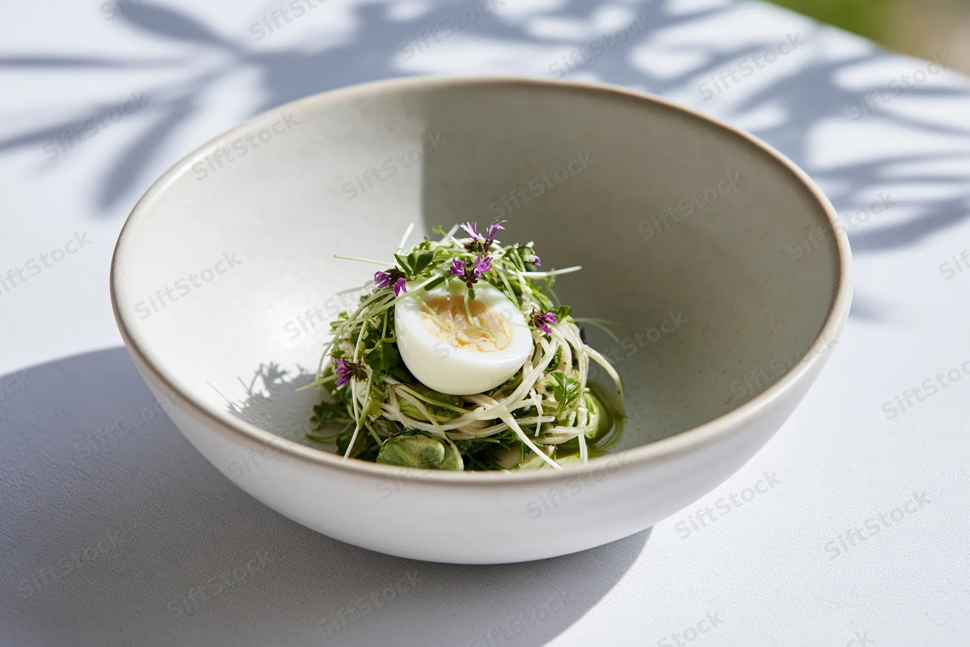 A shallow white ceramic bowl holding a composed salad with a halved hard-boiled egg, microgreens and edible flowers on a sunlit table with leaf shadows
