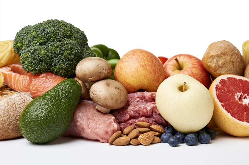 Variety of raw whole foods arranged in a low horizontal spread on white background