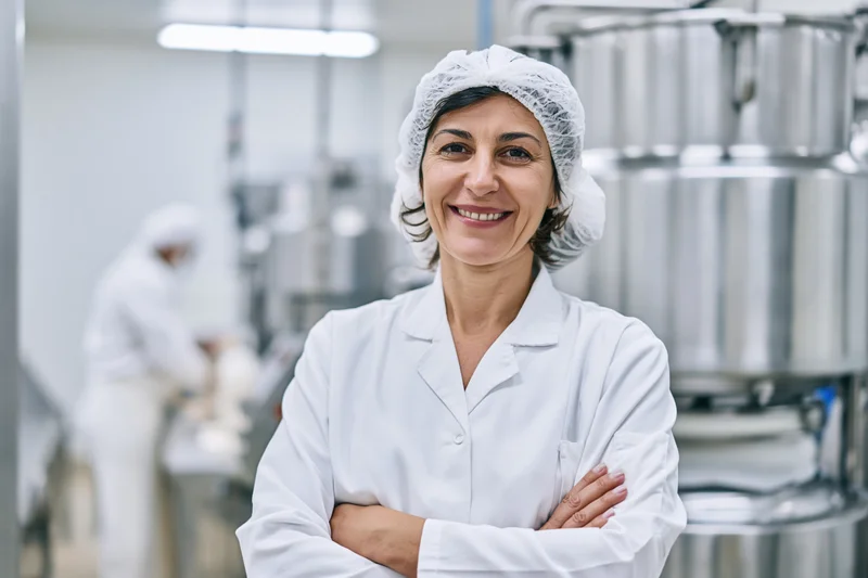 Woman food factory worker smiling with arms crossed in industrial production facility