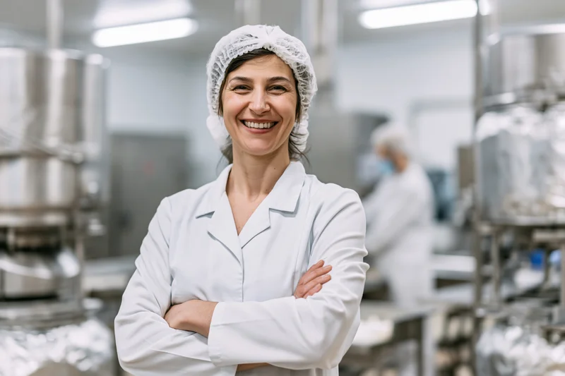 Woman in labcoat and hairnet smiling with arms crossed in food factory interior